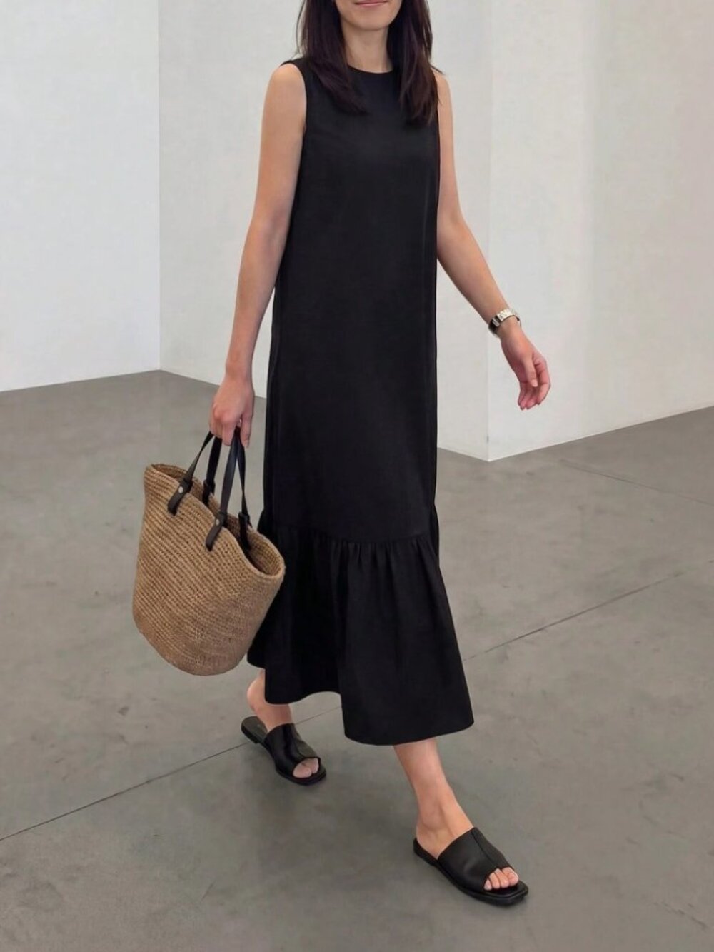 Black Sleeveless Drop Waist Tiered Babydoll Maxi Dress